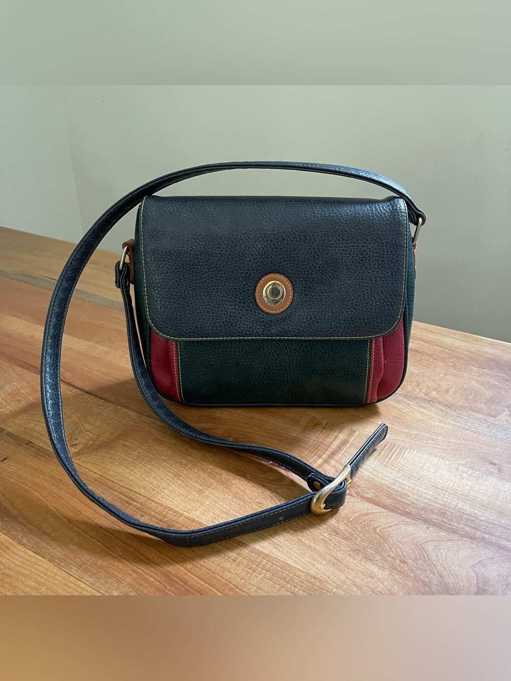 Vintage 90s Alfred Sung Tri-Color Leather Purse Preppy Bag Navy Red Green